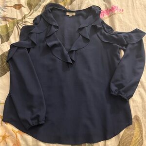 BB Dakota Navy Ruffle Blouse